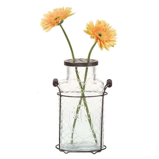 Glass Vase in Metal Stand with Metal Frog Lid